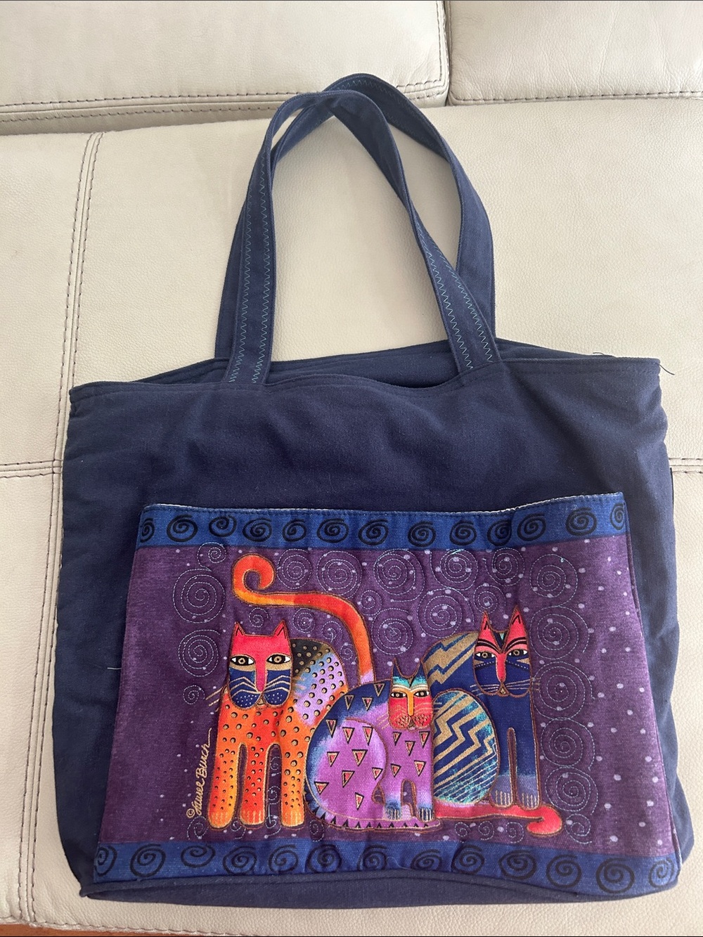 Laurel Burch Navy Tote with Purple Multicolor Cat Panel